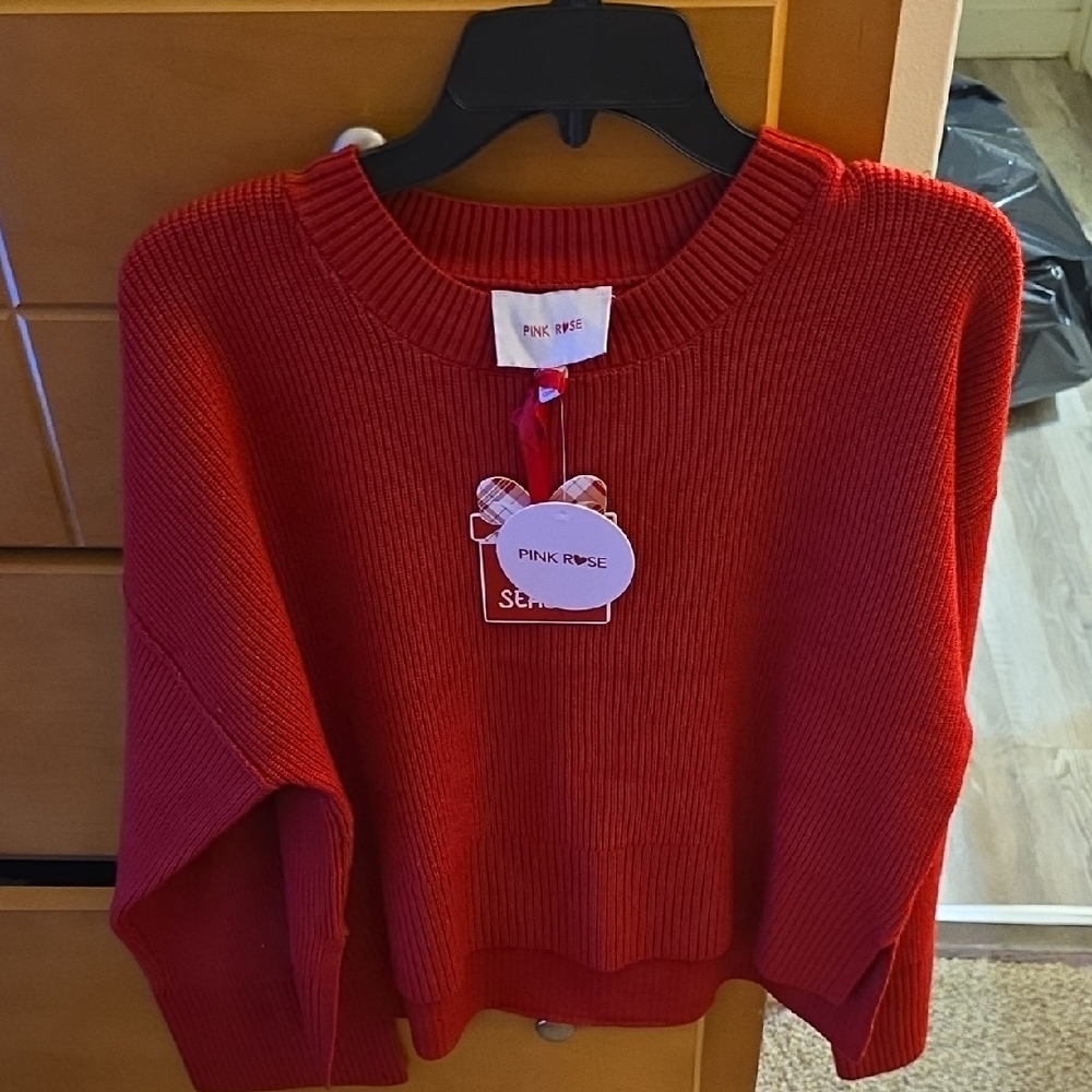 Pink Rose Women's Bright Red Ribbed Crewneck Sweater